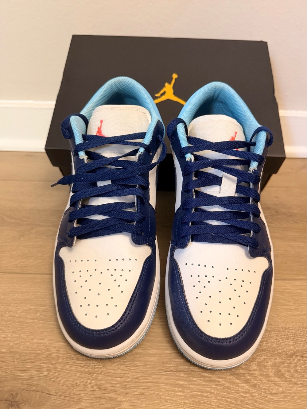 Jordan 1 Low Sneakers – Navy Blue, White & Light Blue